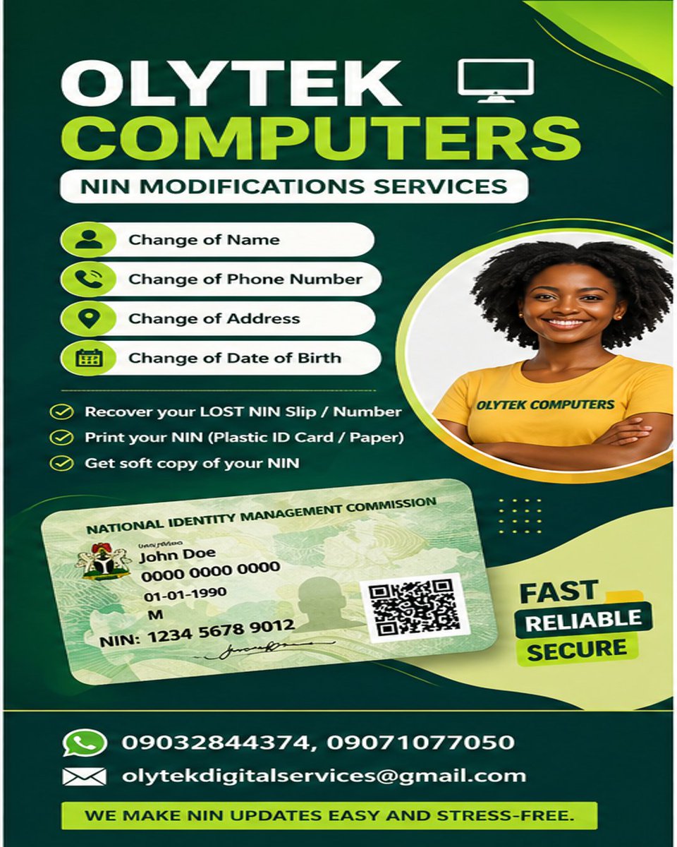 OlisaemekaW's tweet photo. @ruffydfire WE DO ALL NIN MODIFICATIONS
@Olytekcomputers
Modifications
1. Date of Birth modification
2. Name modification
3. Rearrange name
4. Address modification
5. State of origin modification
6. LGA of origin modification
7. Phone number modification 

We are just a DM away https://t.co/xVNk0qj7W3