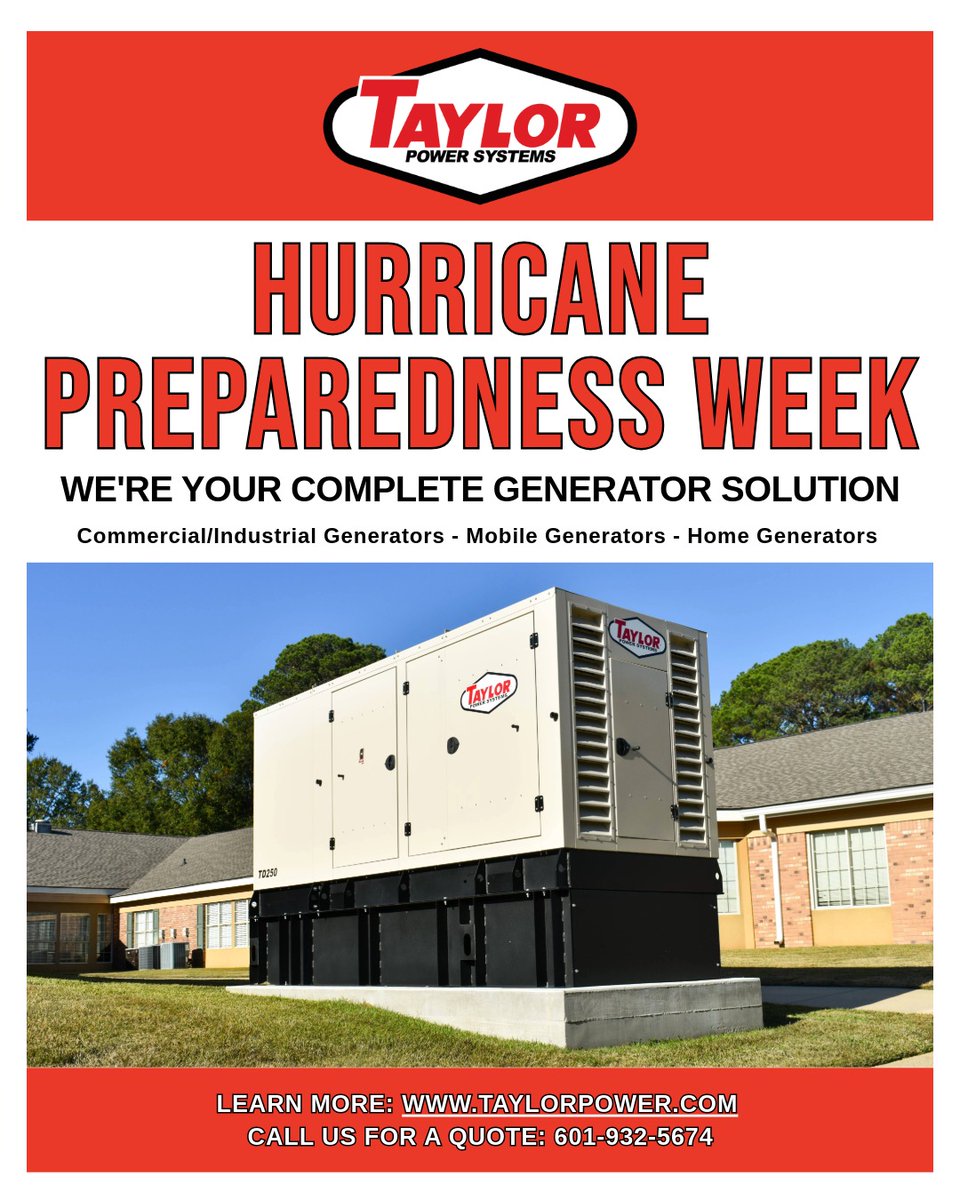 TaylorPowerSys's tweet photo. It's Hurricane Preparedness Week! This informative week focuses on preparing for these storms, which often cause widespread power outages. In addition to keeping your lights powered on, a Taylor Power standby generator is essential for maintaining safety, running critical equipment, preserving food, keeping communication devices charged, and ensuring your business remains operational for customers.

Let us help you prepare with a standby generator for your business or home - call us today at 601-932-5674! Additionally, if you're interested in learning more about being prepared, the U.S. National Weather Service (NWS) has a web page with helpful recommendations and tips. Click here to learn more - https://t.co/dbqkxlX3yZ.

#generators #hurricaneseason #prepared #outages #power #weather #storms #hurricanepreparednessweek