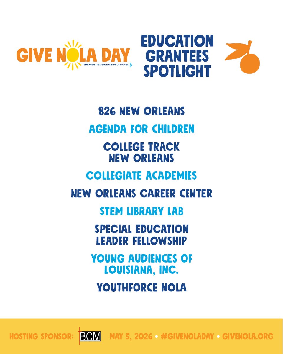 BCMNOLA's tweet photo. #GiveNOLADay is tomorrow, May 5, and BCM is proud to support nonprofits whose programs align with our Mission and Core Values. Find them at https://t.co/Upax5s4ZLg and show your support for the work you believe in. 
(part 1/2) https://t.co/JqsEP6aOvn