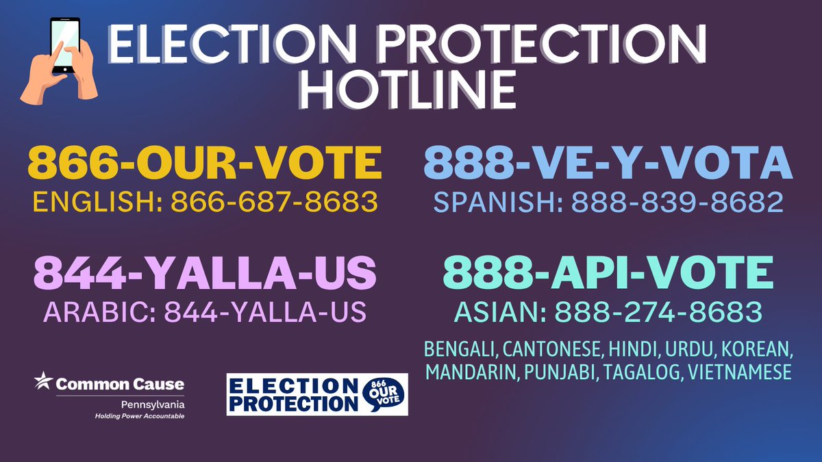 commoncausepa's tweet photo. PA voters, polls are open! If you have issues or questions while voting, call the nonpartisan Election Protection hotline for help:
📞866-OUR-VOTE = English hotline
📞888-VE-Y-VOTA = Spanish hotline
📞888-API-VOTE = Asian &amp; Pacific language hotline
📞844-YALLA-US = Arabic hotline https://t.co/YxrGHkXhkK