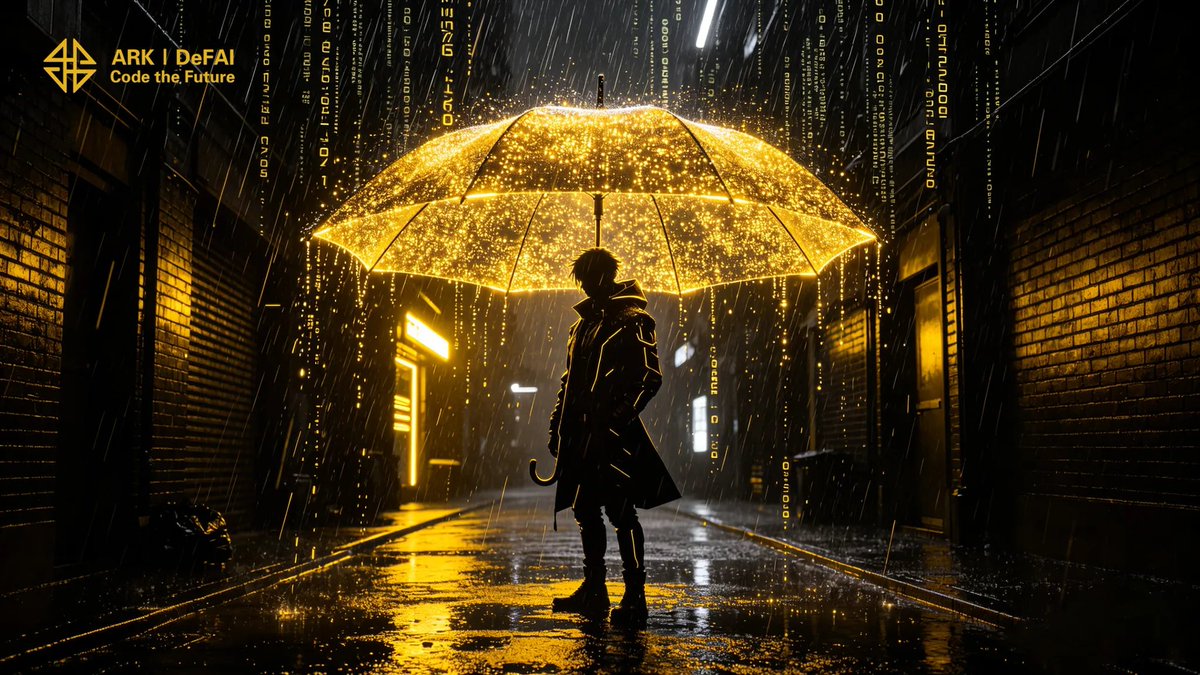 Arkdefaicmo's tweet photo. Stop freezing in the dark. Let Arkie hold the umbrella. 💛👇

$ARK #DeFAI #ArkieAI https://t.co/jOHs2sYeyT