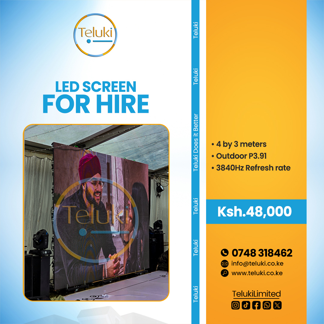 TelukiLimited's tweet photo. Teluki event equipment for hire
PA system (Four tops 15", two base) ksh.18,000
LED screen 4by3 meters ksh.48,000
Aluminium stage 6by4.8 meters ksh.20,000
A-frame tent 20by15 meters ksh.90,000
Backup generator 6kVA ksh.4,000
Projecor 5000 lumens ksh.10,000
Complete truss ksh.48,000
Tel: 0748 318 462
Email: info@teluki.co.ke
Pricing: https://t.co/zaUHNwhdaA
Sound system for hire | DJ services | Beam moving head | Profile light | DMX console | RGB laser | COB LED par light | LED follow spot | Low lying fog machine | Cold spark machine
Wedding - Dowries - Graduations - Teambuilding
#Teluki #Telukishow #Nairobi #Juja