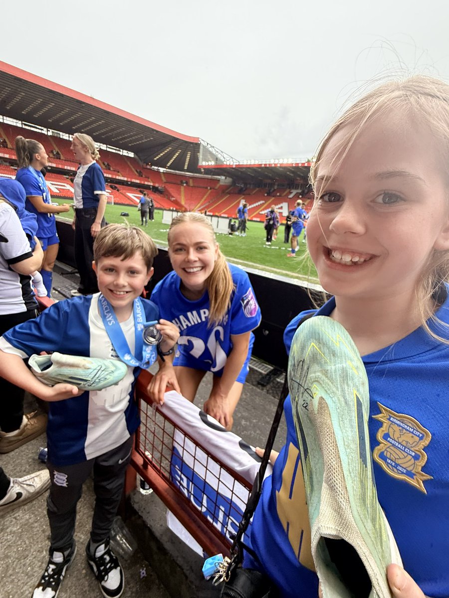 What an amazing time we had Saturday watching Amy and the <a href="/BCFCWomen/">Birmingham City Women</a> celebrate promotion to the WSL. 
Hugo and Florence even managed to get Océane Hurtré, Hannah Silcock’s boots and Christie Harrison-Murray’s Captains Armband 💙🤍
#BCFC #BCFCWomen