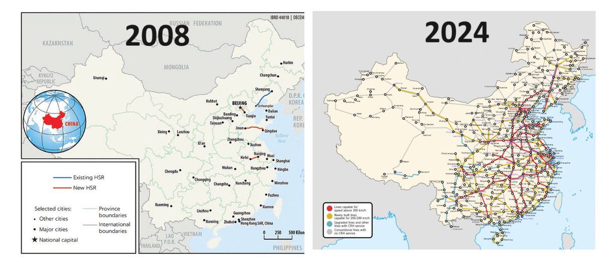 PicturesFoIder's tweet image. China’s High-Speed Railway Network length has expanded from 1,300km in 2008 to 45,000km in 2024, long enough to circle the Earth’s circumference.