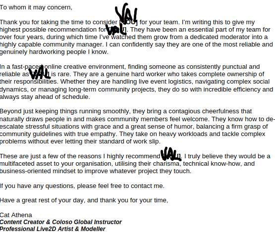 valensian4's tweet photo. I told one of the streamers i moderate for that I was filling a mod application for another streamer, so they went ahead and wrote a recommendation letter for me to use ToT https://t.co/qA8NTwnks7