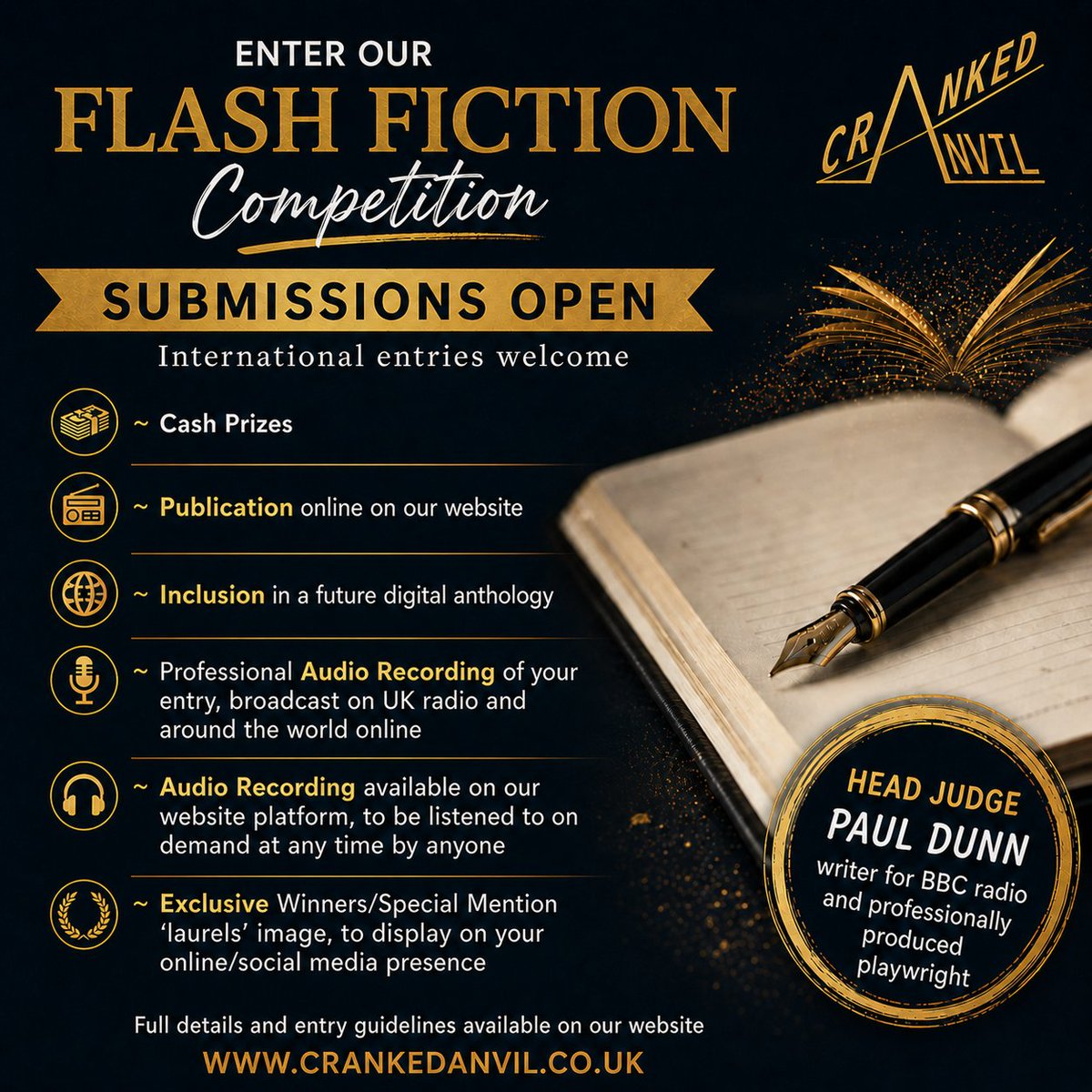 CrankedAnvil's tweet image. ALL our #writing competitions are now OPEN FOR SUBMISSIONS.

#amwriting #writingcommunity #flashfiction #shortstory #playwriting