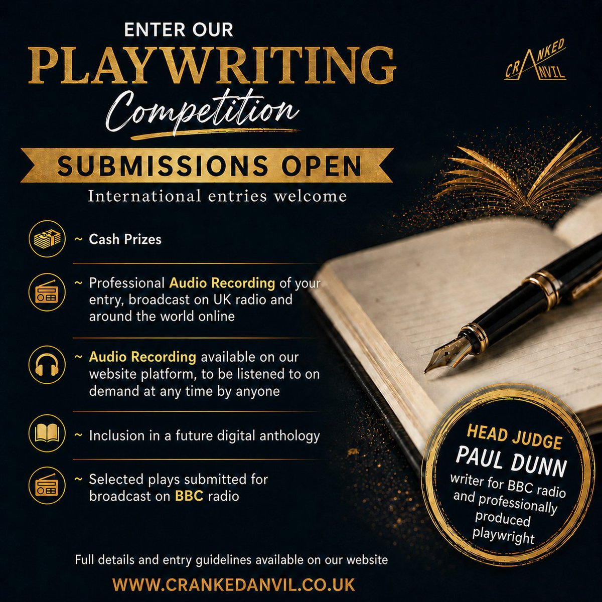 CrankedAnvil's tweet image. ALL our #writing competitions are now OPEN FOR SUBMISSIONS.

#amwriting #writingcommunity #flashfiction #shortstory #playwriting