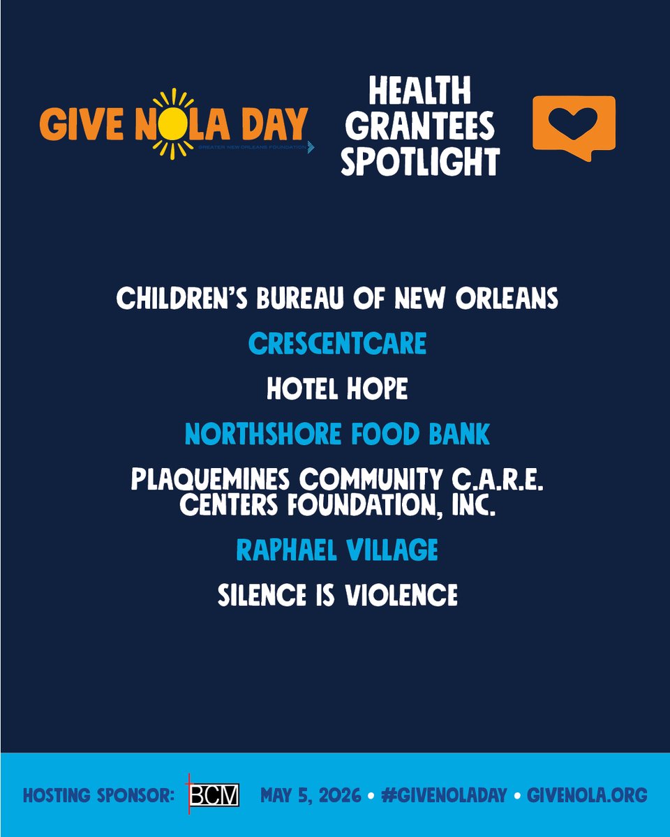 BCMNOLA's tweet photo. #GiveNOLADay is tomorrow, May 5, and BCM is proud to support nonprofits whose programs align with our Mission and Core Values. Find them at https://t.co/Upax5s4ZLg and show your support for the work you believe in. 
(part 2/2) https://t.co/pKcOuuI0av