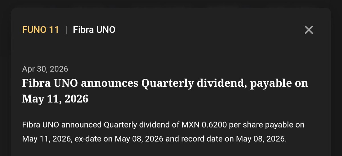 MMAM_Aztek's tweet photo. Simón 🙂‍↕️

$FUNO anuncia pago de #dividendos el 11 de mayo por #MXN $0.62 pesos. 

Fecha ex-dividendo el 8 de mayo.

Chiiiiido. https://t.co/wYMEMnXRI7