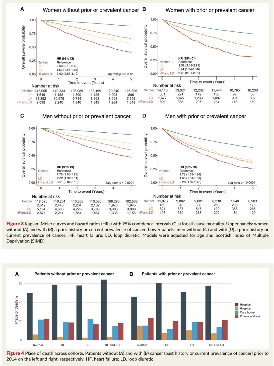 HanCardiomd's tweet image. #Cancer and #heart failure: prevalence, incidence, and prognosis in Scotland

Adults ≥50 (n=317k)

📍HFexp 9.6%; ↑ cancer risk (IRR 1.10); annual mortality—&amp;lt;3% (none), 6–9% (cancer), 6.6–18.4% (HFexp), 14.5–28.4% (both); deaths mainly CV/cancer, ~20% at home

#CardioOncology