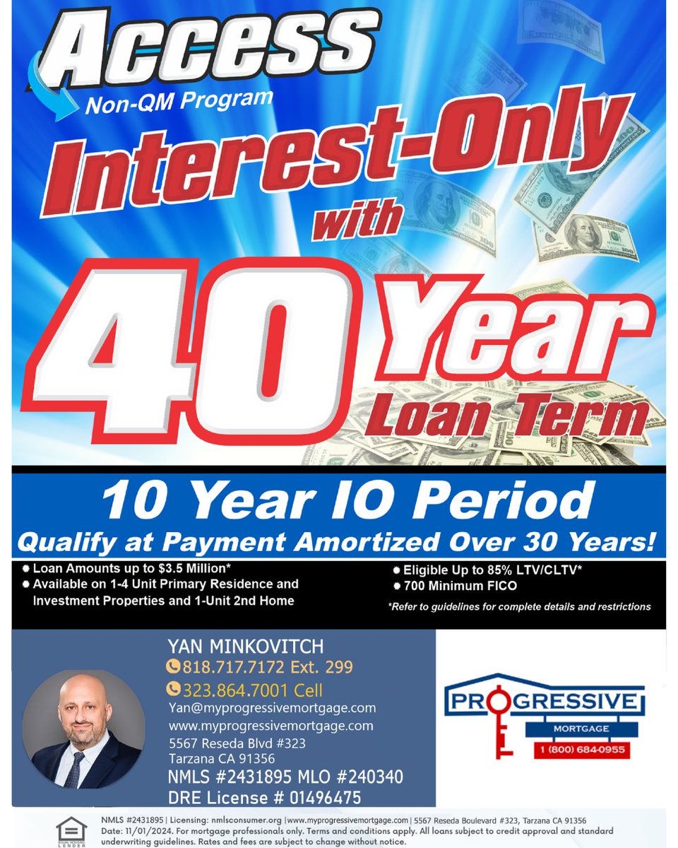 Non-QM Interest-Only financing. 40 year term, 10 year IO, up to $3.5M, up to 85% LTV. Great payment flexibility for qualified borrowers and jumbo scenarios. Any friends, family members , or coworkers who need mortgage help? Send them our way. #NonQM #Mortgage #InterestOnly #Loans