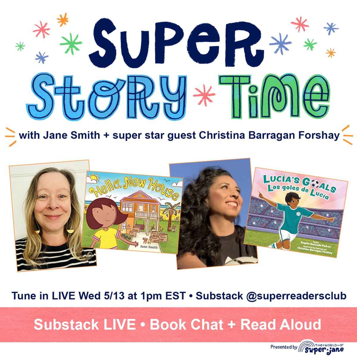 SuperJaneArtist's tweet image. 🎉📚 MARK YOUR CALENDARS: Super Story Time LIVE is back next week on WED 5/13/26 at 1pm EST on Substack! Join #childrensbook #author-illustrator Christina B. Forshay and I for a fun #kidlit book chat + double #storytime #readaloud! Yay!
#authorreading #picturebooks #booktwitter