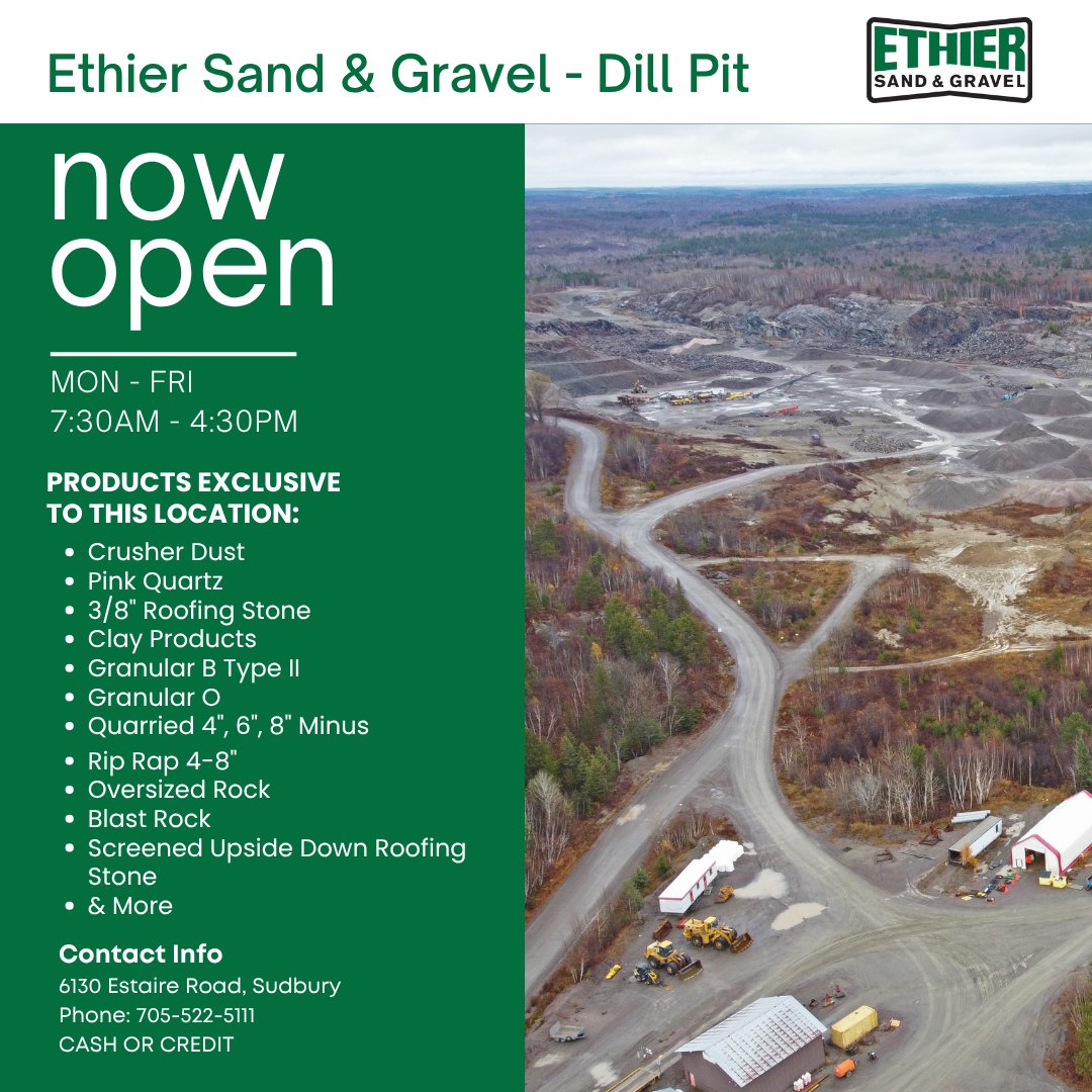 ethiersandg's tweet photo. The wait is over - our Dill Pit is officially open for the season starting May 5, 2026!
We’re ready to supply all your sand and gravel needs for the season ahead

Hours of Operation:
Monday to Friday | 7:30 AM – 4:30 PM
Stop by and let’s get your project moving! https://t.co/hfayDqdzpC