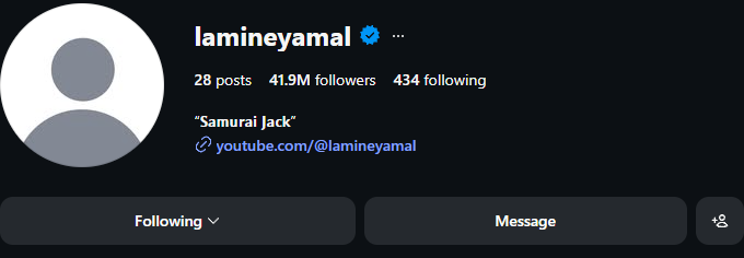 CelebRadar0's tweet image. 🟢 Lamine Yamal instagram.com/lamineyamal Instagram Follower Update
Previous : 41,895,164
Current  : 41,920,629
Change   : +25,465 (gained) in the last 1.3d

#Instagram #Followers #lamineyamal #Stats