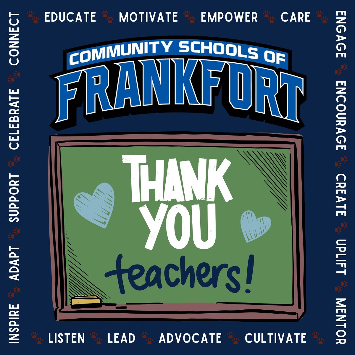 csfhotdogs's tweet photo. #TeacherAppreciation Week is here! We are blessed with the best staff here in Frankfort. Thank you to our teachers for continuing to pursue excellence for each and every student in our district. We appreciate you endlessly! πΎπ #hotdogexcellence #communitycomesfirst https://t.co/BoMYdWnlzU