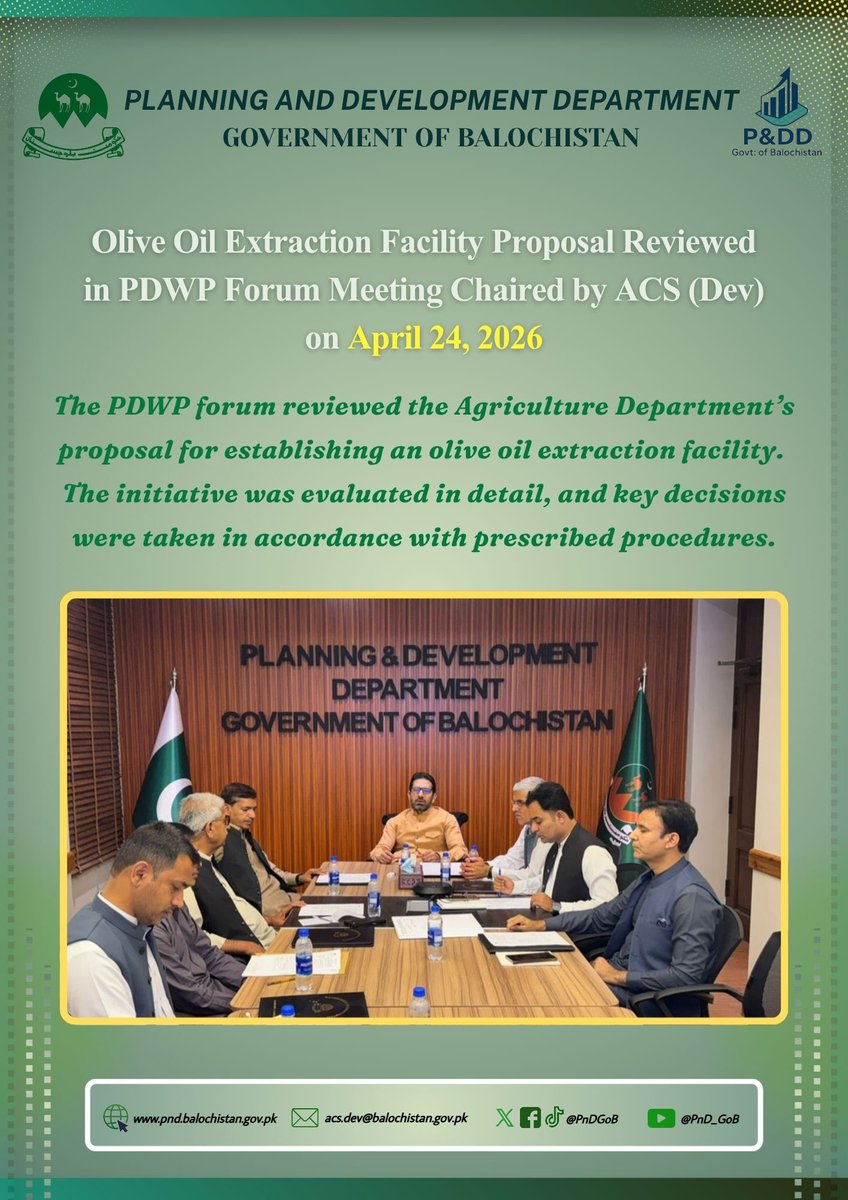 PnDGoB's tweet photo. A meeting of the PDWP forum, under the chairmanship of the ACS (Dev), was held on 24th April 2026, wherein the proposal of the Agriculture Dept regarding the establishment of an olive oil extraction facility was examined and evaluated. Certain decisions were made accordingly. https://t.co/hWUCn4tavr