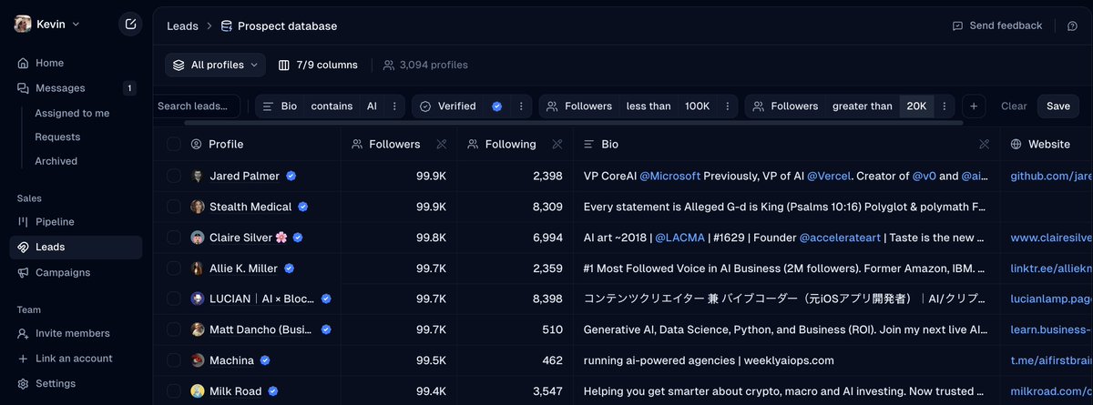 KevinPicchi's tweet photo. friendly reminder if you're recruiting creators on 𝕏

you can literally use @InboxApp_ database

search 𝕏 accounts that fit your criteria:
- followers >20k & < 50k
- bio contains AI
- verified

save the one you like in a list

auto DM them

They don't reply? create a follow up sequence, and auto follow up up to 3 times

Creators interested? give them a status so you don't loose them

Not a fit? give them a status too

Tier A creator? give them a tag

Special agreement? keep track in a column or notes

Share it with your team

try it free for 7 days - link in bio
