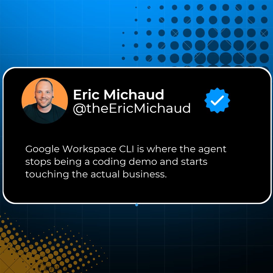 EasyMachineAI's tweet image. Google Workspace CLI is where the agent stops being a coding demo and starts touching the actual business. Gmail + Calendar + Docs from the terminal. Repo: github.com/googleworkspac…

#AI #GoogleWorkspace #ClaudeCode