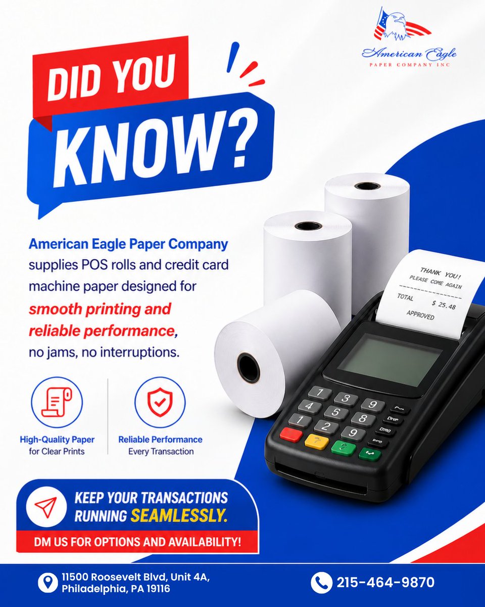 american_paper_'s tweet image. Keep your transactions running seamlessly. DM us for options and availability!

Call Us Now: 215-464-9870
Visit Us Now: 11500 Roosevelt Blvd Unit 4A Philadelphia, PA 19116
#americaneagle #papercompany #foodpackaging #businesssupplies #restaurantindustry