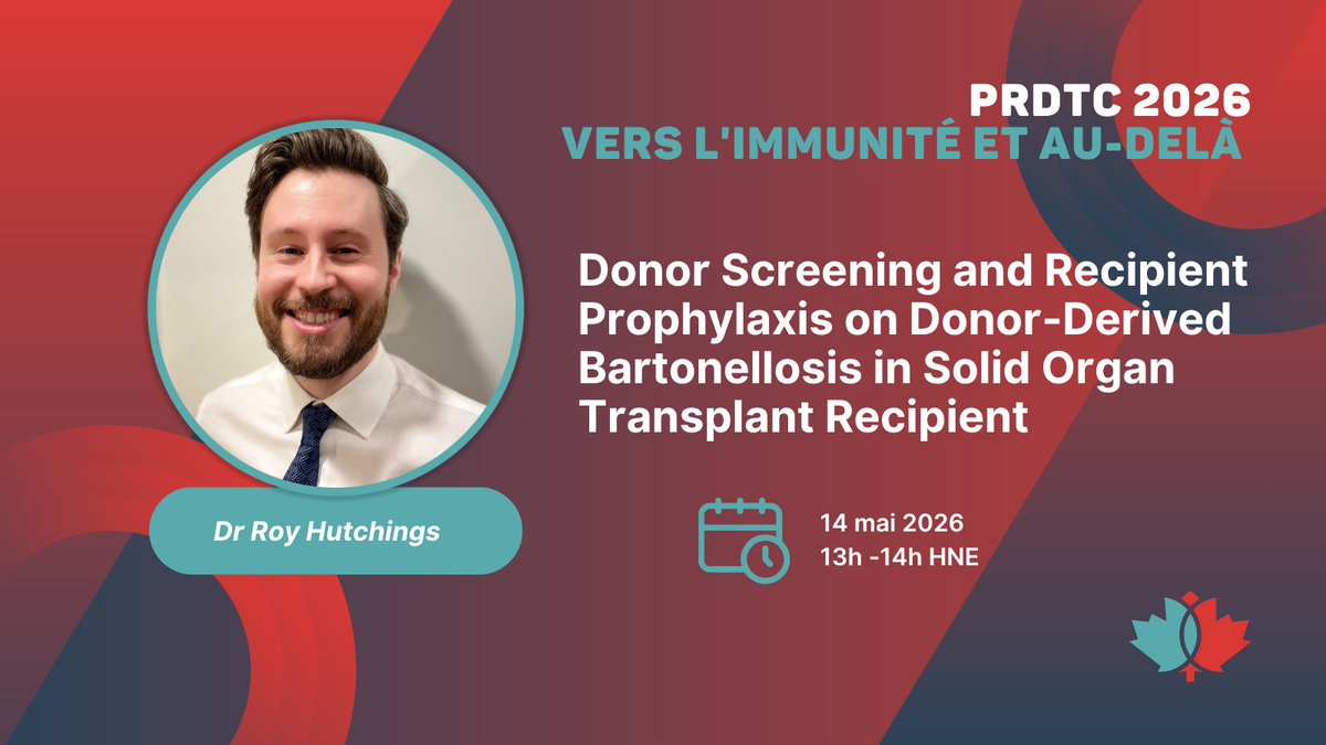 CNTRP's tweet photo. To Immunity and beyond - May 14 - Dr. Roy Hutchings, fellow in Transplant Infectious Diseases at University of Alberta
Registration/Inscriptions: https://t.co/UYkfPFJ8l1
14 mai - Le Dr Roy Hutchings, fellow en maladies infectieuses en transplantation à l’Université de l’Alberta https://t.co/U7W5zC98z8