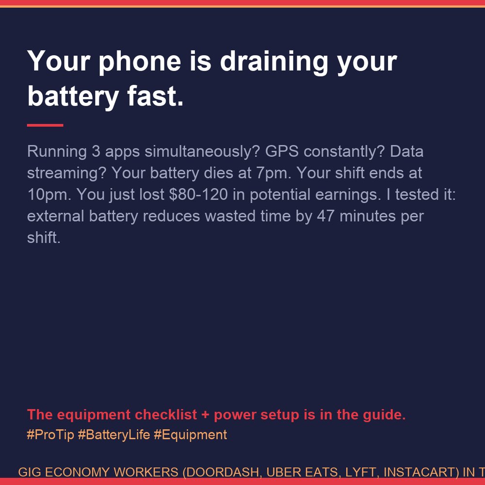 Bey_Majii's tweet image. Running 3 apps simultaneously?

GPS constantly?

Data streaming?

Your battery dies at 7pm.

Your shift ends at 10pm.

You just lost $80-120 in potential earnings.

I tested it: external battery reduces wasted time by 47 minutes per shift.

#ProTip #BatteryLife #Equipment