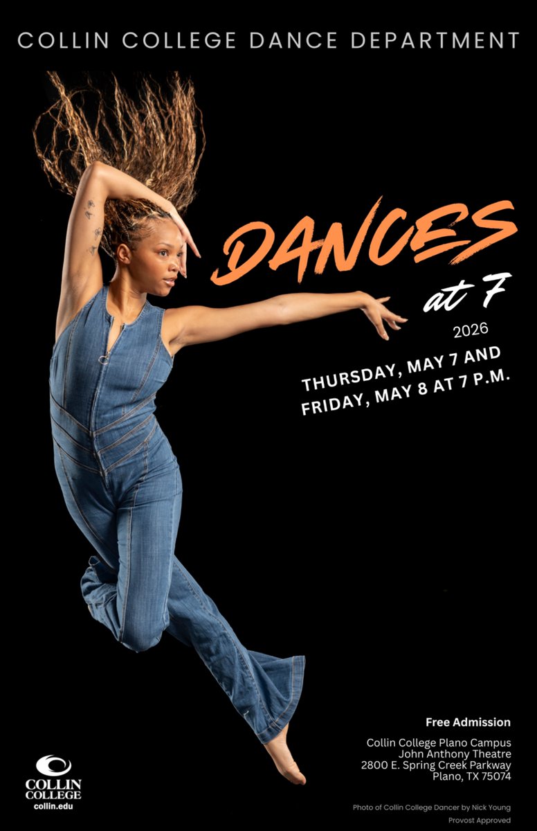 collincollege's tweet photo. Let's dance! ✨ Enjoy an exciting showcase of jazz, modern, ballet, tap and improvisation as the  Collin College Dance Department presents Dances at 7. No reservation or ticket required, but seating is limited. Click here to learn more: https://t.co/BILelon3i1 https://t.co/FMDOjy5ESy