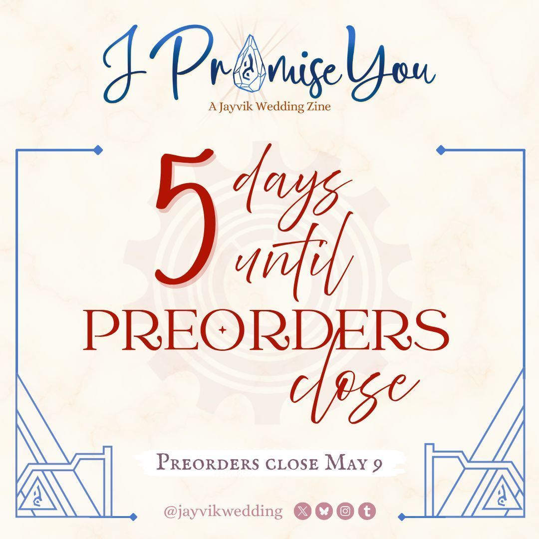 jayvikwedding's tweet photo. ⚙️ PRE-ORDERS CLOSE IN 5 DAYS ⚙️

Witness the wedding that has all of Runeterra talking! Preorder your copy of the Jayvik Wedding Zine before May 9th 11:59 p.m. (PST) #arcane #jayvik

🦋 Preorder now: https://t.co/lsJiOlof4D https://t.co/1aQLaQwAwM