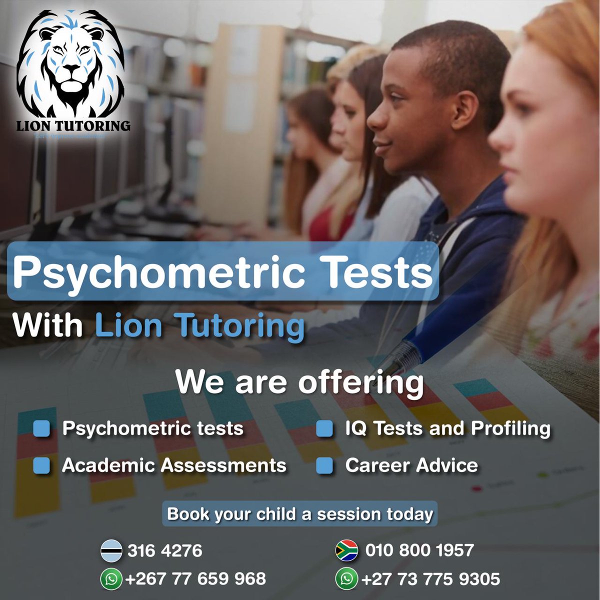 liontutoring's tweet image. Unlock your potential with Lion Tutoring's psychometric tests and personalized career advice. Enroll now and take control of your future! 🦁📚 
📞 🇧🇼 316 4276 🇿🇦 010 800 1957 
liontutoring.tech
#LionTutoring #AcademicAssessment #CareerAdvice"
