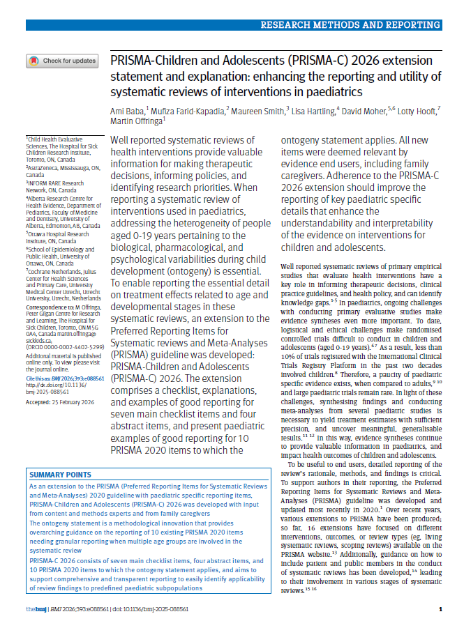 biblioGetafe's tweet photo. Nueva extensión @PRISMAStatement de informe para pediatría
👉PRISMA-Children and Adolescents (PRISMA-C) 2026 extension statement and explanation: enhancing the reporting and utility of systematic reviews of interventions in paediatrics. @bmj_latest 
🔗https://t.co/WA7lmSDhuq https://t.co/smFBjMnMD9