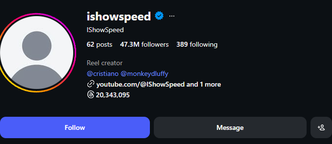 CelebRadar0's tweet image. 🔴 IShowSpeed instagram.com/ishowspeed Instagram Follower Update
Previous : 47,361,770
Current  : 47,355,758
Change   : -6,012 (lost) in the last 1.3d

#Instagram #Followers #ishowspeed #Stats