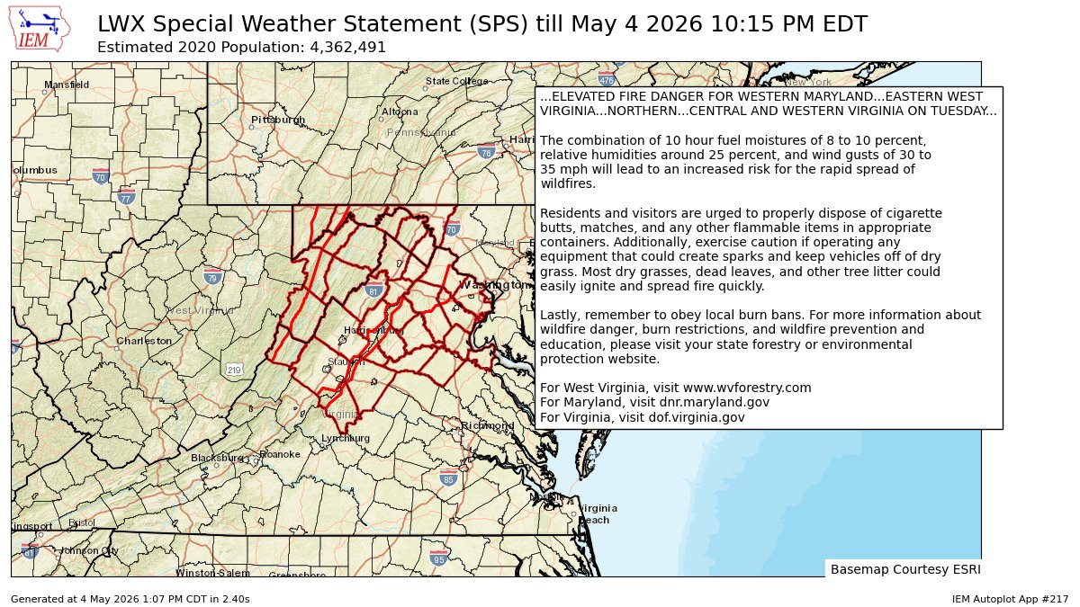 ELEVATED FIRE DANGER FOR WESTERN MARYLANDEASTERN WEST VIRGINIANORTHERNCENTRAL AND WESTERN VIRGINIA ON TUESDAY for Central and Eastern Allegany, Eastern Garrett, Extreme Western Allegany, Washington, Western Garrett [MD] and 28 forec... till 10:15 PM EDT mesonet.agron.iastate.edu/p.php?pid=2026…