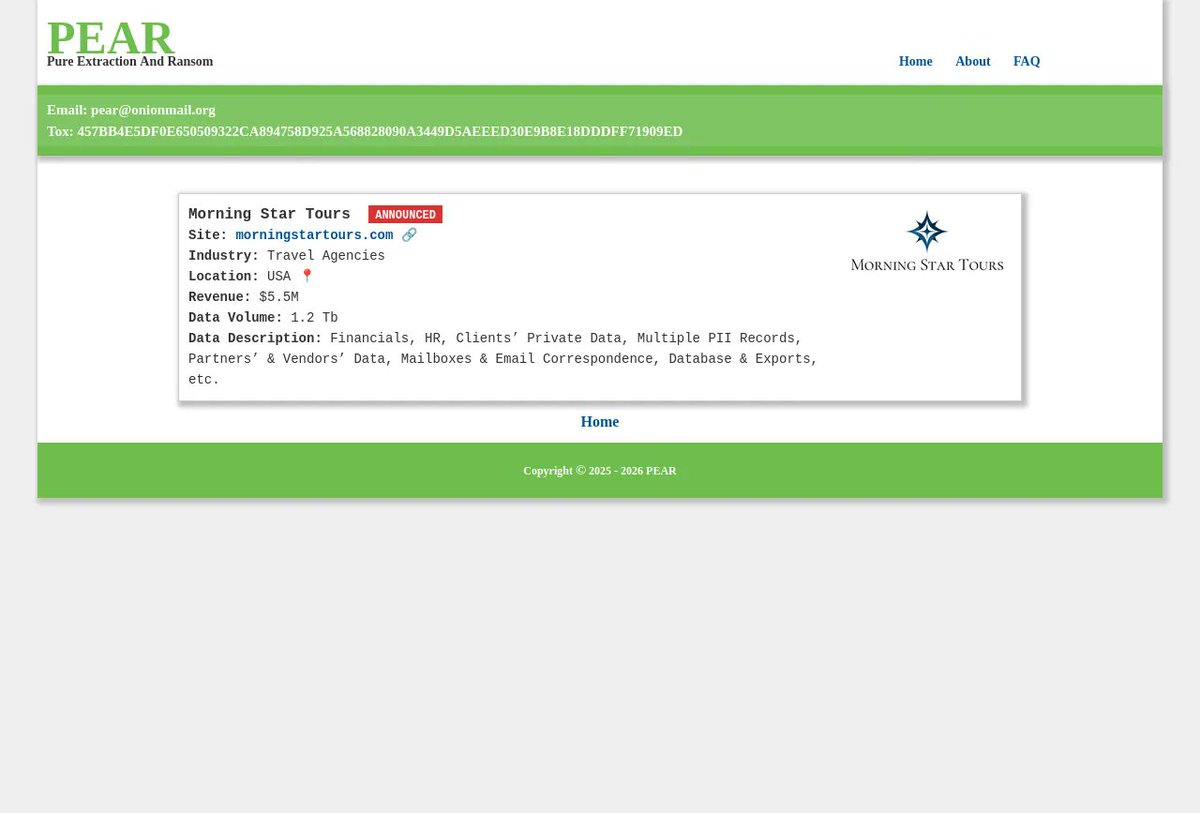 CTI_FYI's tweet image. New Ransomware Victim Detected

Group: pear
Victim: Morning Star Tours
Discovered: 2026-05-04 18:04:24.504272

More info: cti.fyi/groups/pear.ht…

#ransomware #cti #cybersecurity