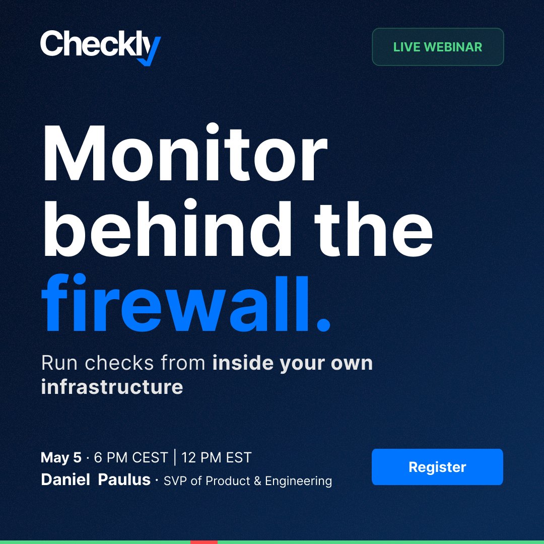 checklyHQ's tweet photo. Tomorrow: Daniel Paulus runs Checkly Private Locations in a short 20-minute session. Running checks, all from inside your infrastructure.

Last chance to register → https://t.co/TVMTakvh78

📅 Tuesday, May 5
🌐 6 PM CEST | 12 PM EST | 9 AM PST https://t.co/FJSpBWeklL