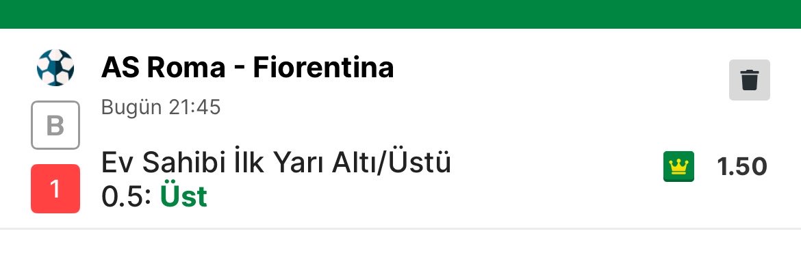 EskiUsulTahmin's tweet photo. 🍀⚽️ Roma – Fiorentina

Tercih: Ev İlk Yarı Gol Atar
Oran: 1.50

Roma hızlı başlangıçları seven bir ekip, ilk yarıda romanın bu temposundan bir gol çıkarabileceğini düşünüyoruz 👀

#Roma #Fiorentina #SerieA #Bahis #İddaa #Tahmin #Analiz #Kupon #Banko #GününMaçı #İddiaTahmin #Gol https://t.co/4QcgQClmwp