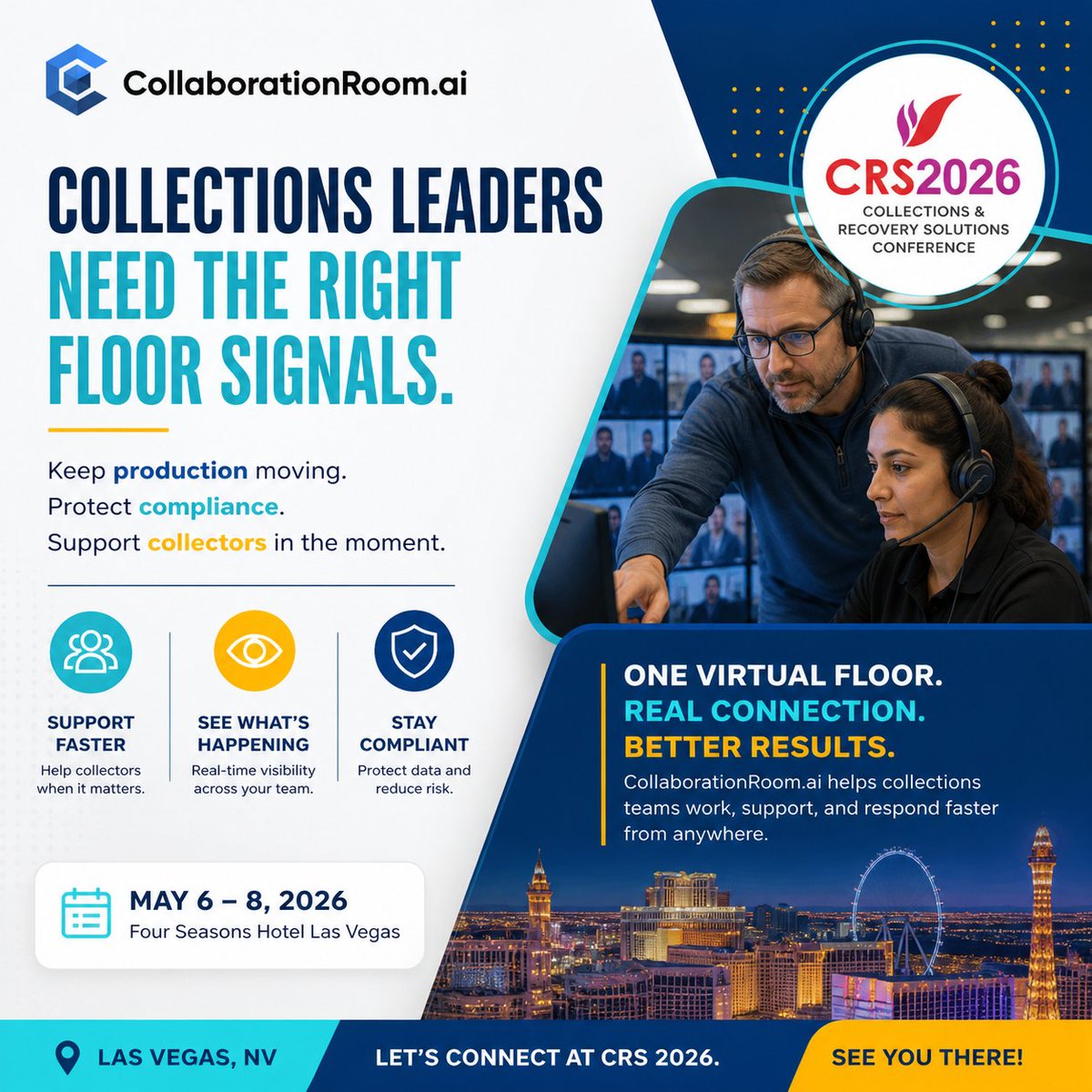 CollabRoomAi's tweet image. Collections leaders must drive production, ensure compliance, and support teams in real time—but most tools miss key floor signals. See what’s next at CRS 2026, May 6–8, Las Vegas. Let’s connect. #CRS2026 #Collections #Operations