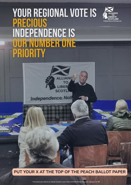 Dhruva4Alba's tweet photo. We’re fighting hard in Glasgow, and we can win the chance to replace the unionists at Holyrood with a strong voice for independence.

A vote for the Alliance to Liberate Scotland means one less Tory and one more voice for Glasgow and Scotland’s future.

Give your regional vote on Thursday 7 May to the Alliance to Liberate Scotland and remember, we’re right at the top of the peach ballot paper.

#glasgow #independence #Scotland2026 #alliancetoliberatescotland #tommy4glasgow #dhruvakumar