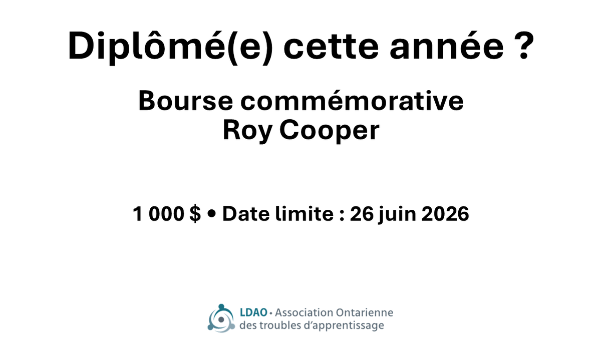 TAaLecole's tweet photo. 🎓 Diplômé(e) cette année? Sciences ou génie?

Les élèves ayant un trouble d’apprentissage pourraient être admissibles à la Bourse Roy Cooper.

💙 1 000 $
📅 26 juin 2026

Par votre section locale de la LDAO — ou directement :
https://t.co/2GxZKItAG5 https://t.co/7R6v5U2MUK