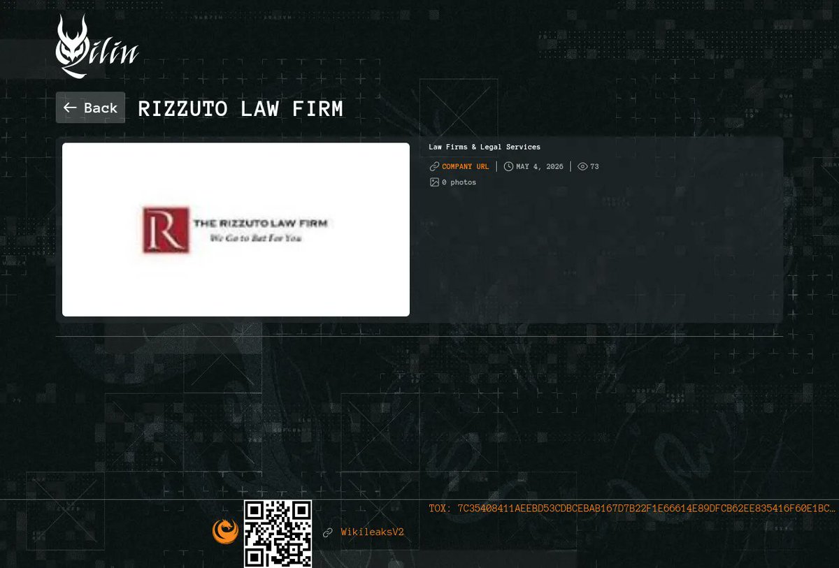 CTI_FYI's tweet image. New Ransomware Victim Detected

Group: qilin
Victim: Rizzuto Law Firm
Discovered: 2026-05-04 18:05:04.534154

More info: cti.fyi/groups/qilin.h…

#ransomware #cti #cybersecurity