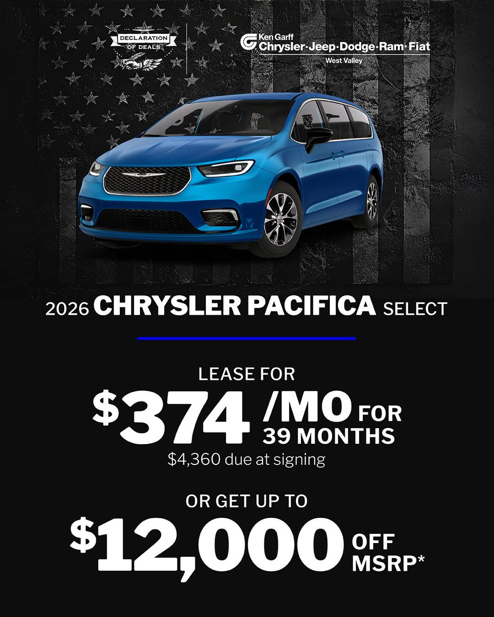 KGWestValleyCJD's tweet photo. Drive away in style! 🚗💨 Lease the 2026 Chrysler Pacifica Select for just $374/month for 39 months, or snag up to $12,000 off MSRP*!

Shop now: https://t.co/MFqzH09QgK

*See dealer for details. Offer Expires 5/31/2026. https://t.co/WOg4JKOw2x
