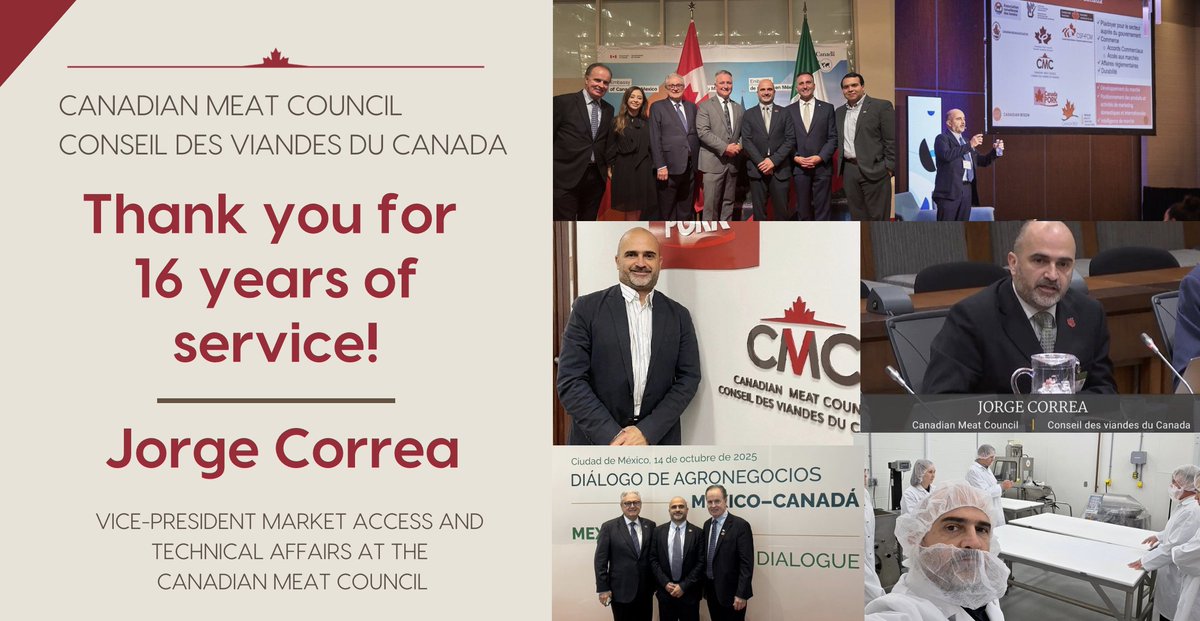 MeatCouncil's tweet photo. Thank you @azulesblancos for 16 outstanding years at CMC! Jorge is a true champion for Canada’s meat industry—bringing deep expertise to complex regulations and representing members’ interests with government officials at home and abroad. We appreciate his commitment, leadership, and lasting impact!