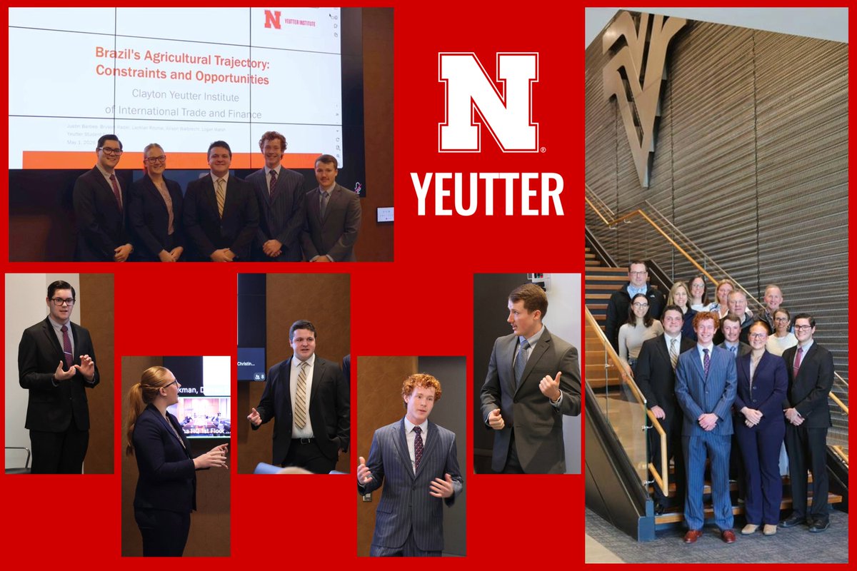 YeutterUNL's tweet photo. From the classroom to the boardroom. Our Yeutter Student Fellows presented their semester-long consulting project on Brazil's agricultural trajectory to Valmont. We are proud of this cohort and grateful for Valmont's partnership! https://t.co/XIWvExz9Ey