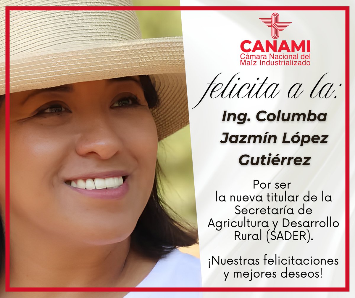 CANAMIOrgMx's tweet photo. CANAMI felicita a la Ingeniera Columba Jazmín López Gutiérrez por su designación como titular de la SADER. Le deseamos éxito en esta nueva responsabilidad estratégica para el campo mexicano. https://t.co/1lAXp1p3VZ