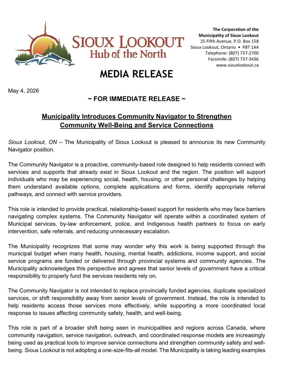 JonSThompson's tweet photo. No one cares about the intricacies of how government systems work, least of all people who need to access services.

Good on Sioux Lookout for funding system navigators right out of their municipal tax base.

I look forward to the efficiency &amp; effectiveness report. https://t.co/e0yprpEGOD