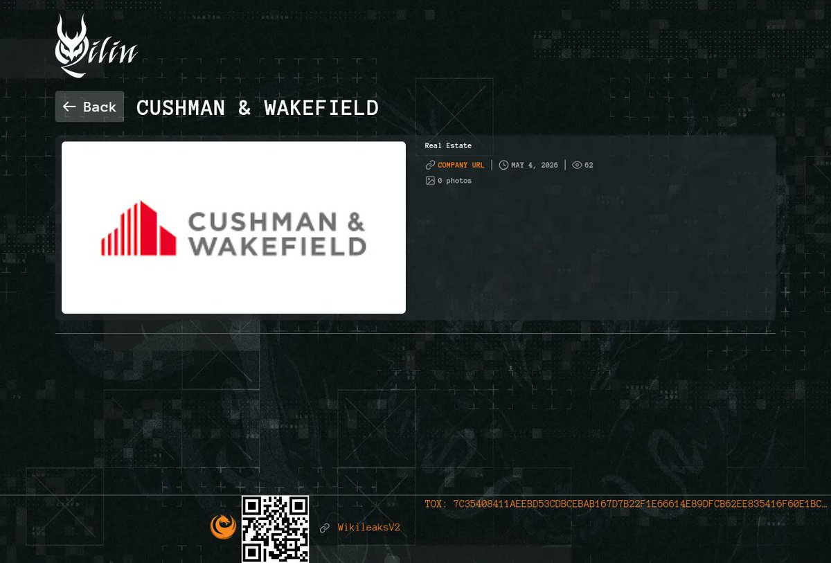 CTI_FYI's tweet image. New Ransomware Victim Detected

Group: qilin
Victim: Cushman &amp;amp; Wakefield
Discovered: 2026-05-04 18:05:04.534154

More info: cti.fyi/groups/qilin.h…

#ransomware #cti #cybersecurity