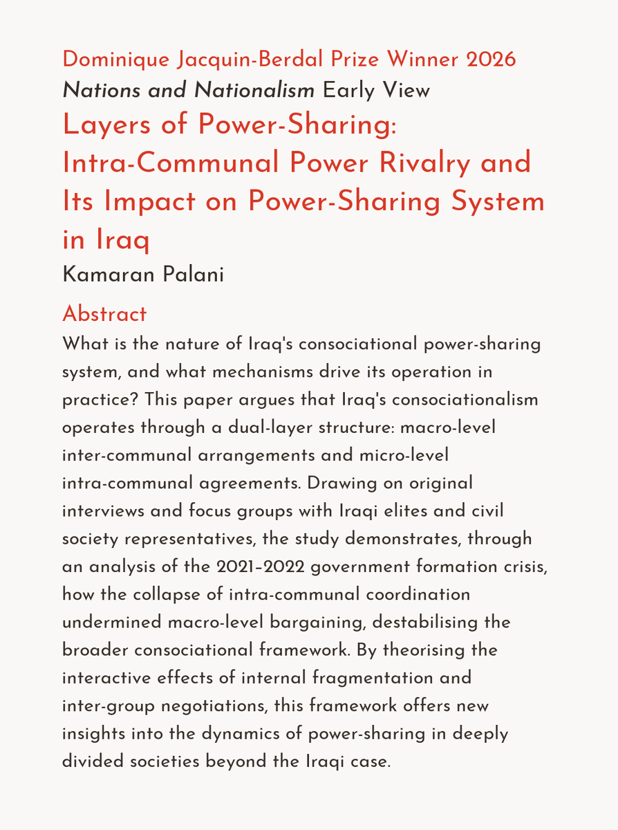 KamaranMPalani's tweet photo. Honored to share that my article, “Layers of Power-Sharing: Intra-Communal Power Rivalry and Its Impact on Power-Sharing System in Iraq,” has won the Dominique Jacquin-Berdal Essay Prize 2026.

Grateful for this recognition. https://t.co/kJxJwcv6OU