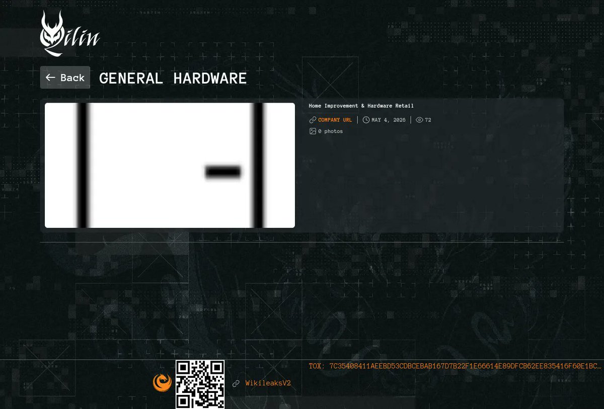CTI_FYI's tweet image. New Ransomware Victim Detected

Group: qilin
Victim: General Hardware
Discovered: 2026-05-04 18:05:04.534154

More info: cti.fyi/groups/qilin.h…

#ransomware #cti #cybersecurity