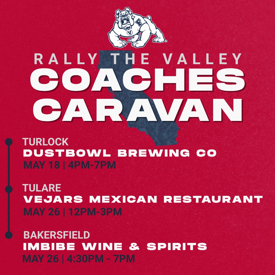 FresnoStateBDF's tweet photo. 🚨COACHES CARAVAN ALERT!🚨

Join @FSAthletics coaches and Director of Athletics, @KlassyDogs as they hit the road to connect with the Red Wave across the Valley! 🚗🐶

Stay tuned! More details coming this week! #GoDogs https://t.co/3tnvShoK6m