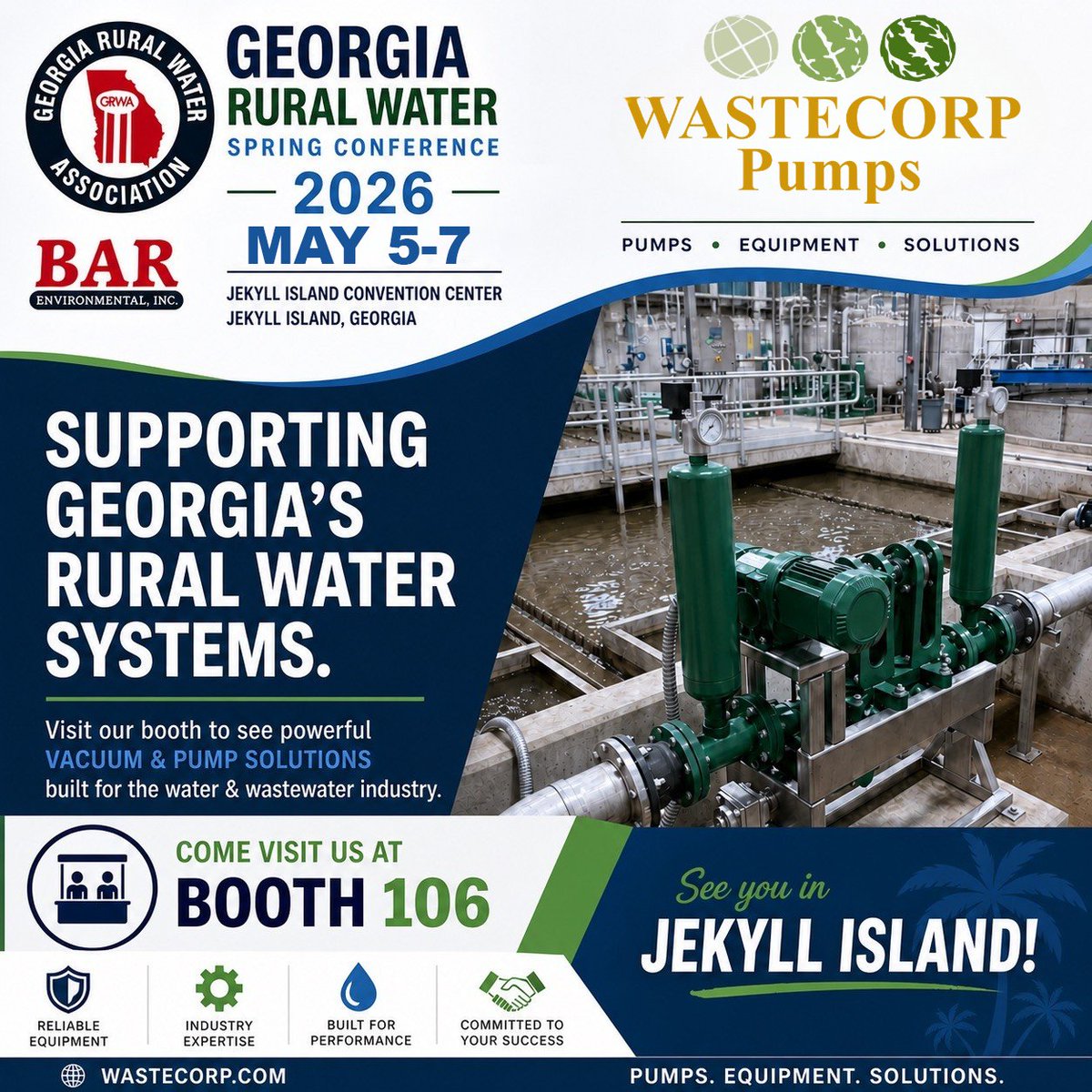 wastecorp's tweet photo. Join us May 5–7 at the Jekyll Island Convention Center for a great opportunity to connect with industry professionals.
We’re proud to support Georgia’s rural water systems and will be showcasing our pump solutions.

#Wastecorp #GRWA #BarEnvironmental https://t.co/TwoGIsYwUN