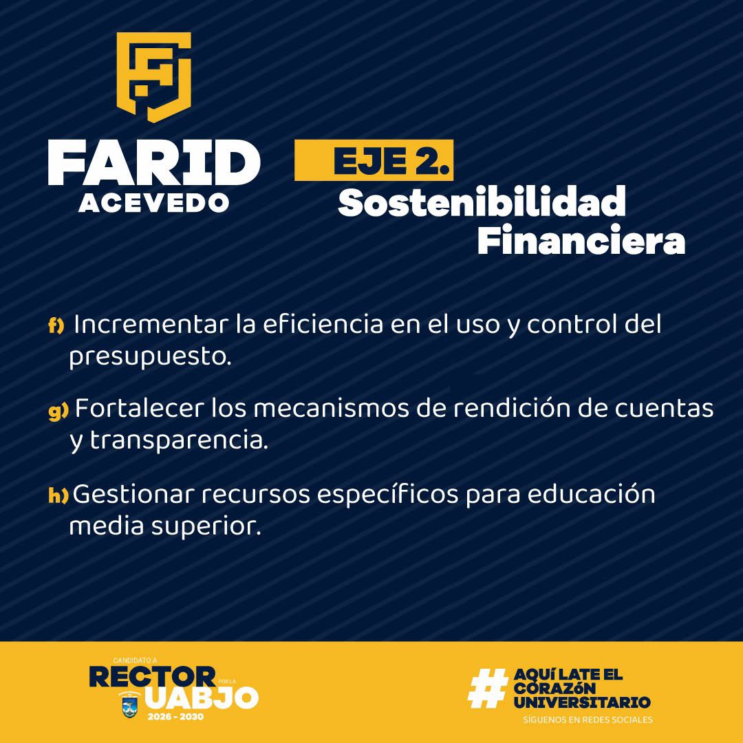 faridacevedooax's tweet photo. Les invito a profundizar en el segundo eje de nuestro plan de trabajo: Sostenibilidad Financiera, un compromiso firme que garantice la continuidad y el crecimiento de nuestros proyectos académicos y organizativos.

#FaridAcevedoLópez #AquíLateElCorazónUniversitario #HechoEnUABJO https://t.co/mUUFUIWQsY