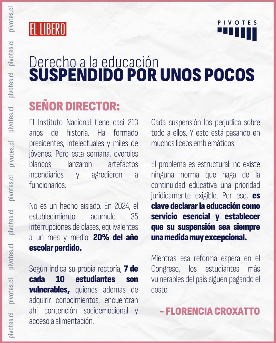 fcroxattos's tweet photo. Comparto carta publicada en @elliberocl , q escribí a raíz de los hechos de violencia en liceos emblemáticos. 

Nos hemos acostumbrado a que se interrumpan las clases por culpa de unos pocos, lo que debería ser inaceptable. https://t.co/aEn3cWy0Tf